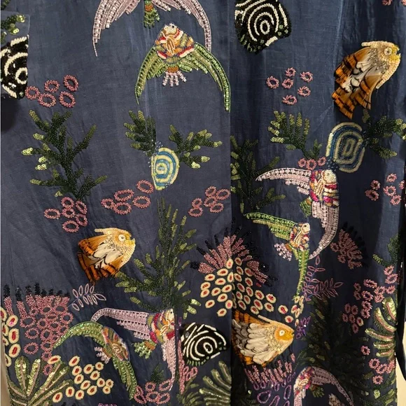 La Fuori Embroidered and Beaded Blue Long Coat - Picture 3 of 7